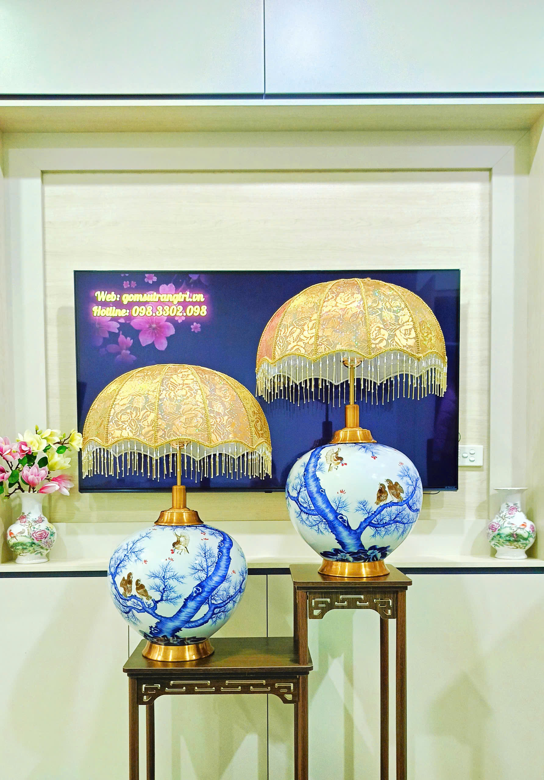 CẶP ĐÈN BÀN THIẾT KẾ CHIM HOA PHÚ QUÝ HỌA TIẾT ĐĂNG ĐỐI